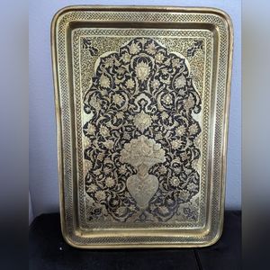 Vintage Handmade  Craft Brass Etched Serving Tray 12.5" x 18" two available